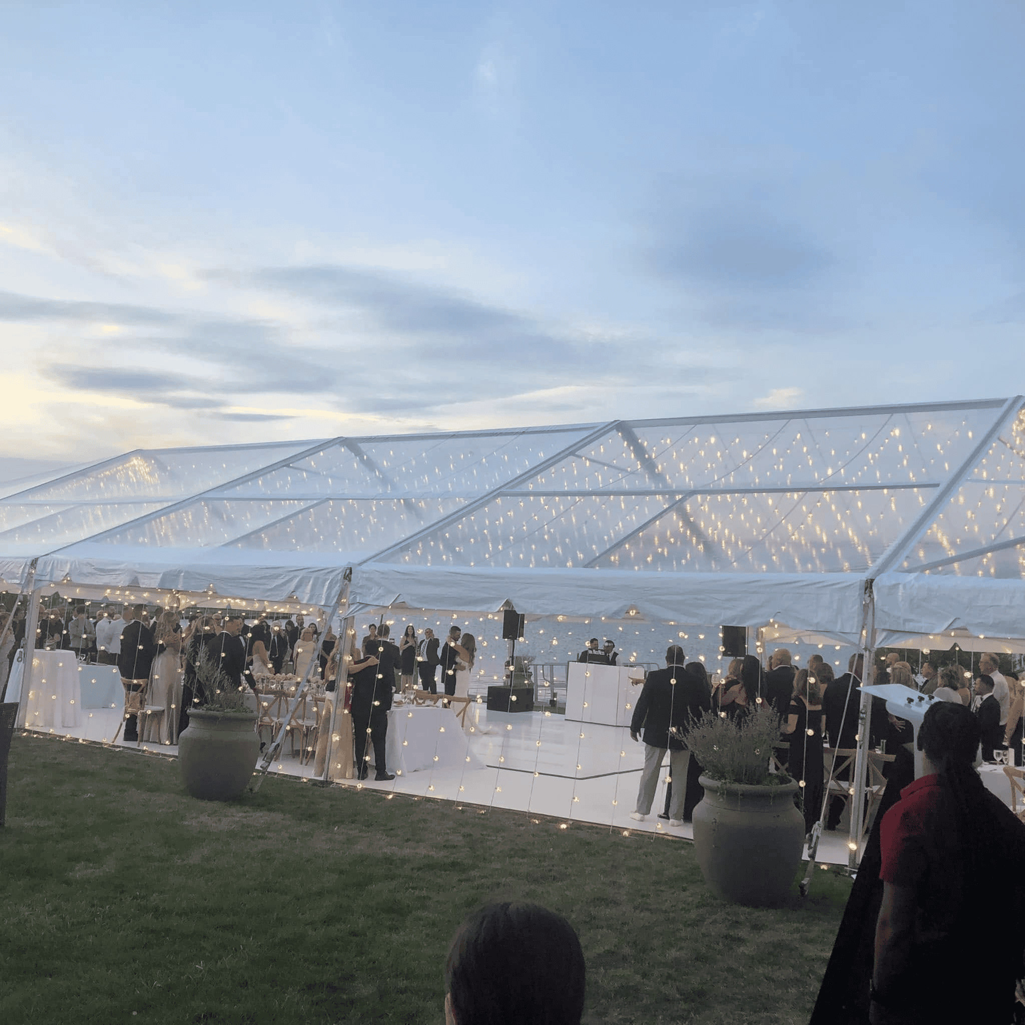 Guests seated under a clear top tent with the tree line visible through the roof