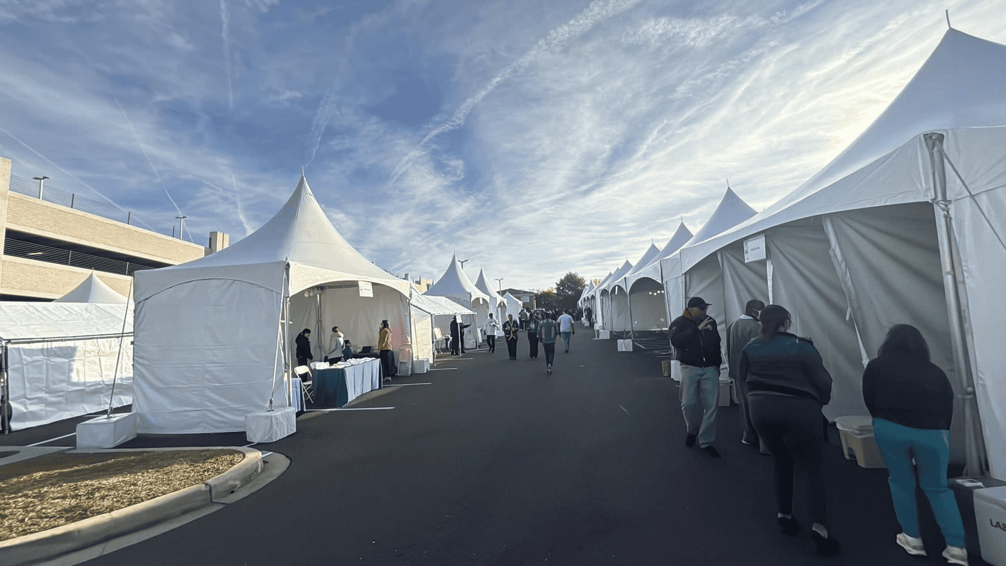Frame tent with sidewalls fitted for an evening event