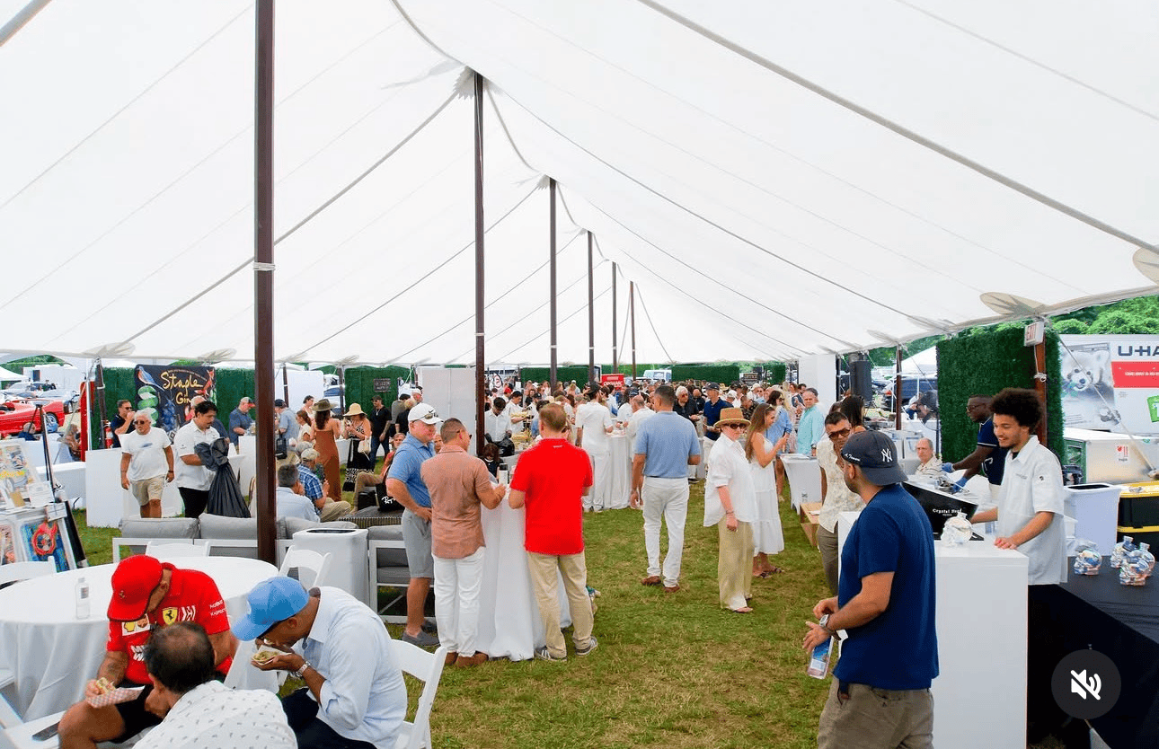 Swooping sailcloth roofline seen from outside the tent