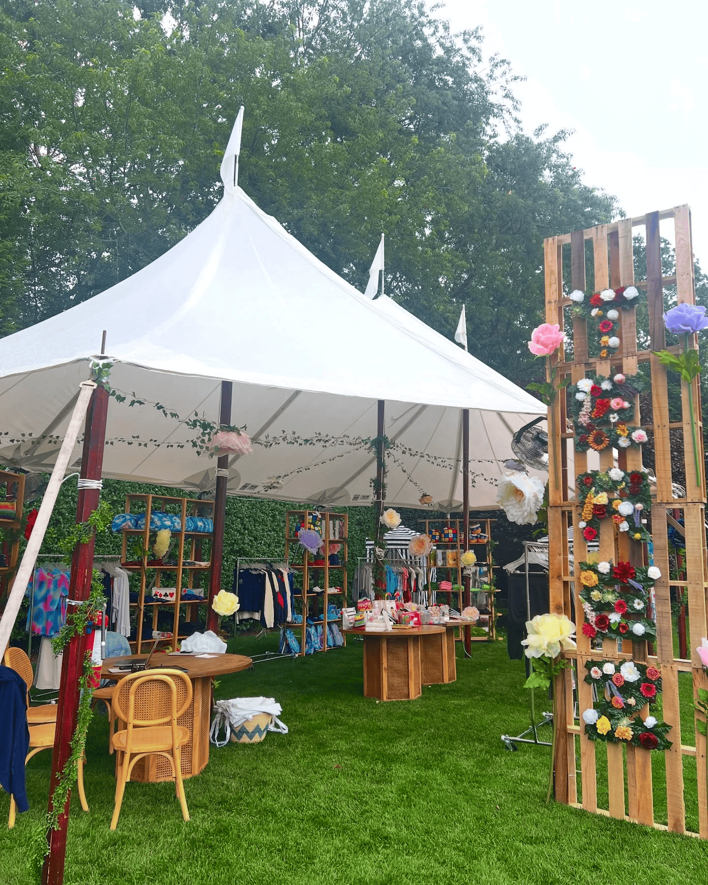 Sailcloth tent with string lighting run from the peaks